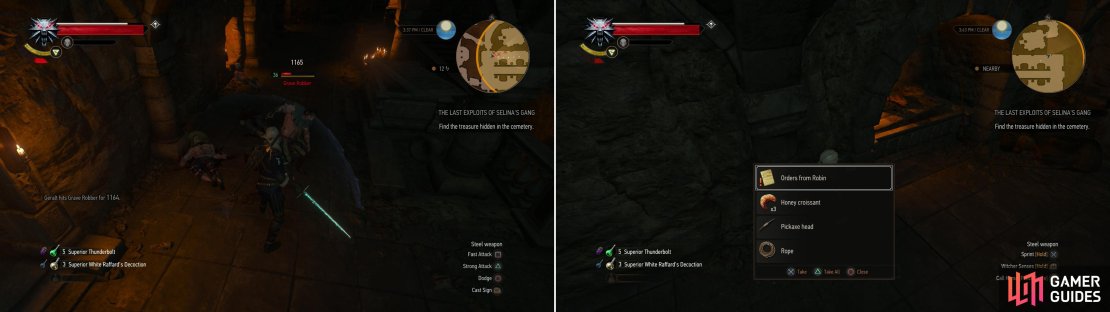 Kill the bandits in the crypt (left) then search some sacks to find some &ldquo;Orders from Robin&rdquo; (right).