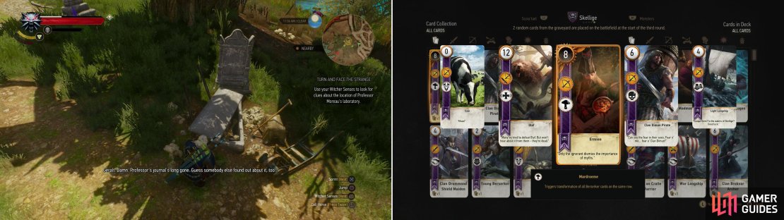 Search the grave of Professor Moreau (left), then make your way to Francollarts, where you&rsquo;ll be able to win the Ermion card off an Innkeep (right).