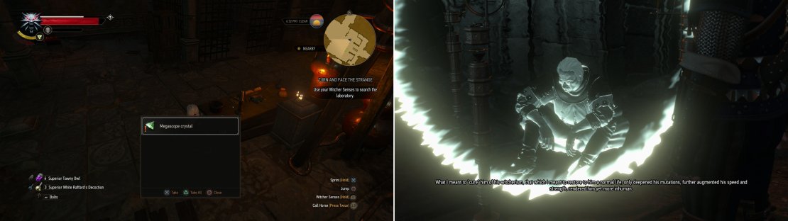 Search the laboratory for Megascope Crystals (left) and use them to watch Moreau&rsquo;s old logs detailing his experiments (right).