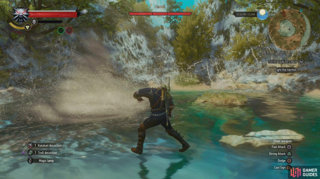 You can generally block the Hermit&rsquo;s attacks with Quen, but for the spout attack you&rsquo;ll need to keep your distance.
