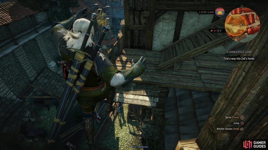Climb some ladders and jump a gap to reach a door on the upper floor of Zed&rsquo;s house,