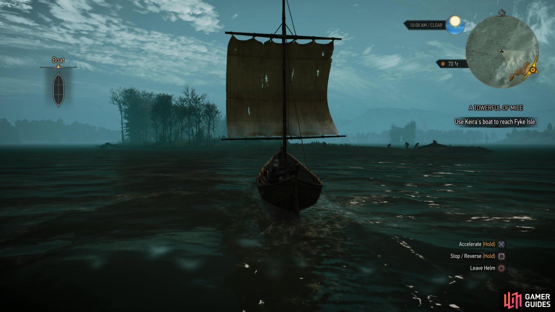 Commandeer Keira&rsquo;s boat and sail southeast to Fyke Isle.