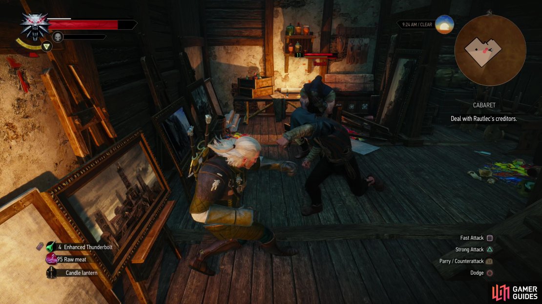 Fend off some Bandits inside Rautlec&rsquo;s house, dodging instead of parrying attacks to account for the lack of space. Win or lose and you&rsquo;ll learn Rautlec&rsquo;s location.