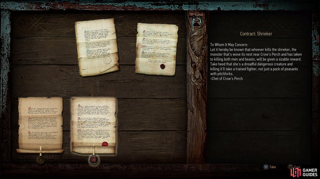 Grab the notice &ldquo;Contract; Shrieker&rdquo; from the notice board in White Orchard,