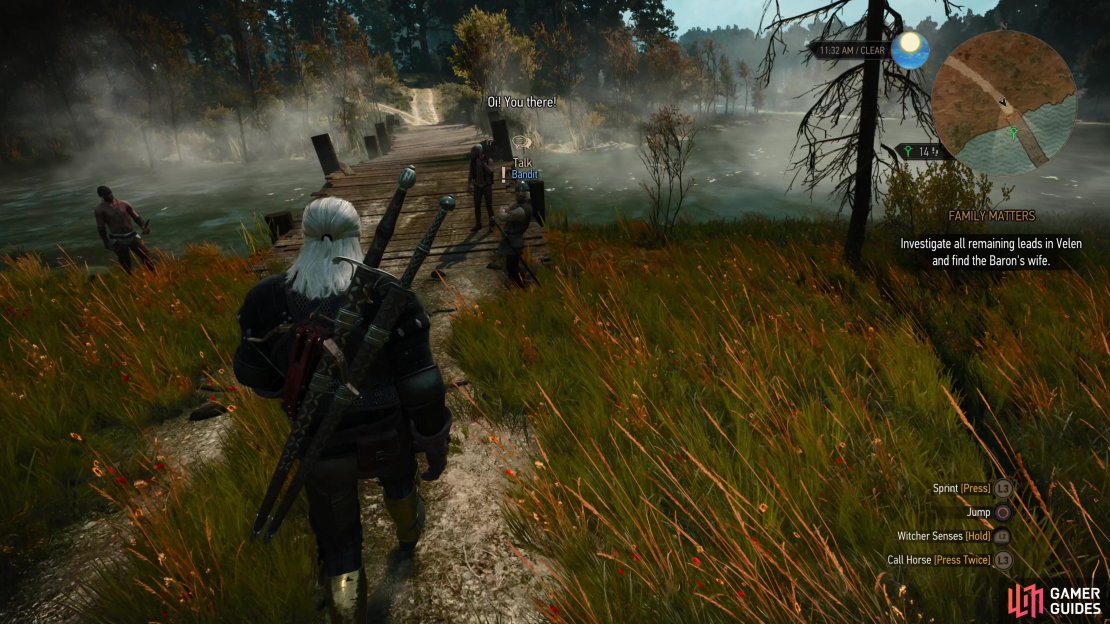 Approach the bridge east of the Boatmaker&rsquo;s Hut to find some Bandits have taken control of the crossing.