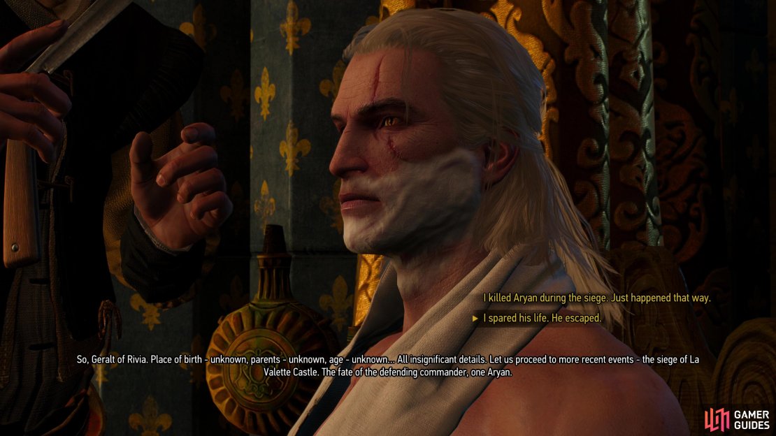 If you choose to simulate a Witcher 2 save, Morvran Voorhis will question you throughly about the events of The Witcher 2, allowing you to determin Aryan&rsquo;s fate,