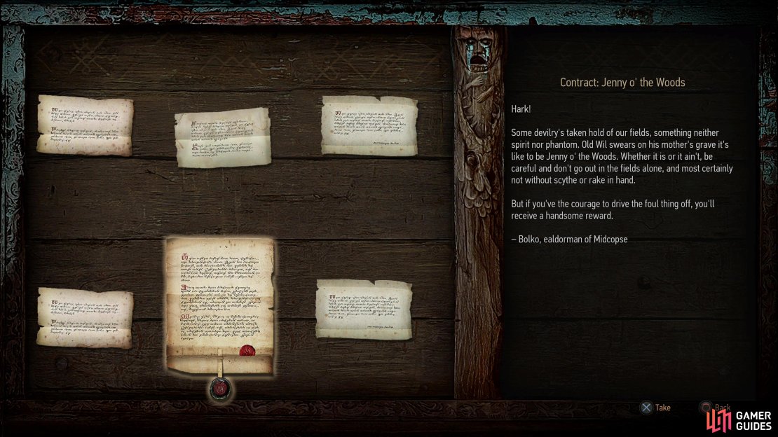 Grab the notice &ldquo;Contract: Jenny o&rsquo; the Woods&rdquo; from the notice board in Midcopse,
