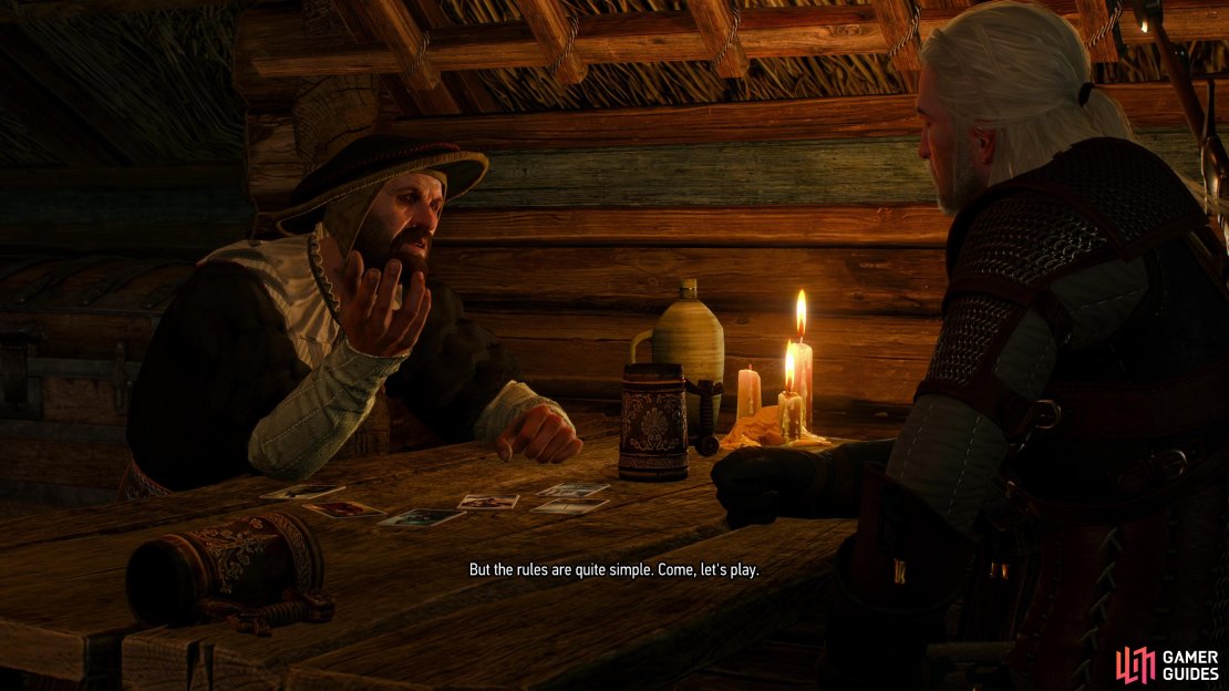 Talk to the Scholar and he&rsquo;ll goad you into playing Gwent.