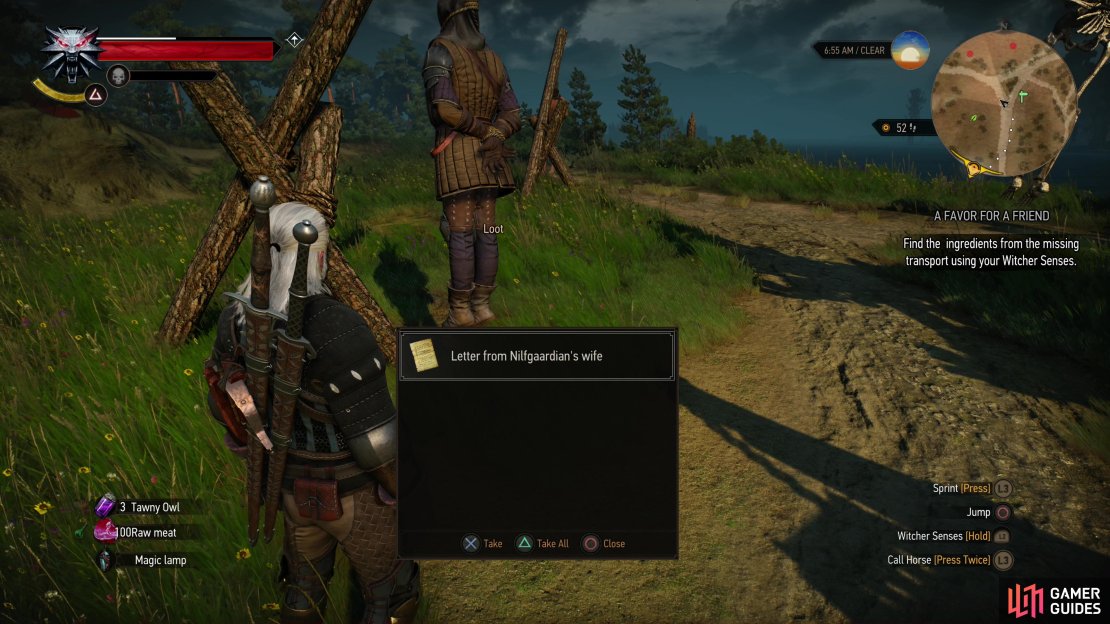 If you do nothing, you&rsquo;ll find the Nilfgaardian hanging when you pass by again later. A letter on his corpse will corroborate his story.