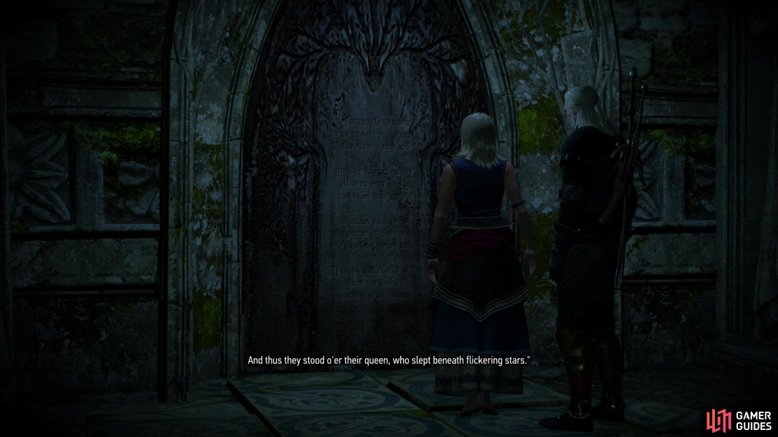 Accompany Keira deeper into the ruins and have her read some inscriptions on a door.