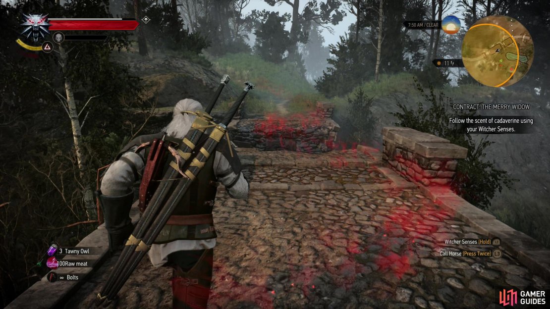 Follow the scent trail over a ruined bridge,
