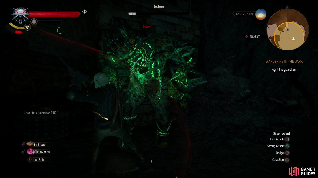 The Golem is durable, but slow - its health can easily be whittled away with the old strong attack + dodge combo.