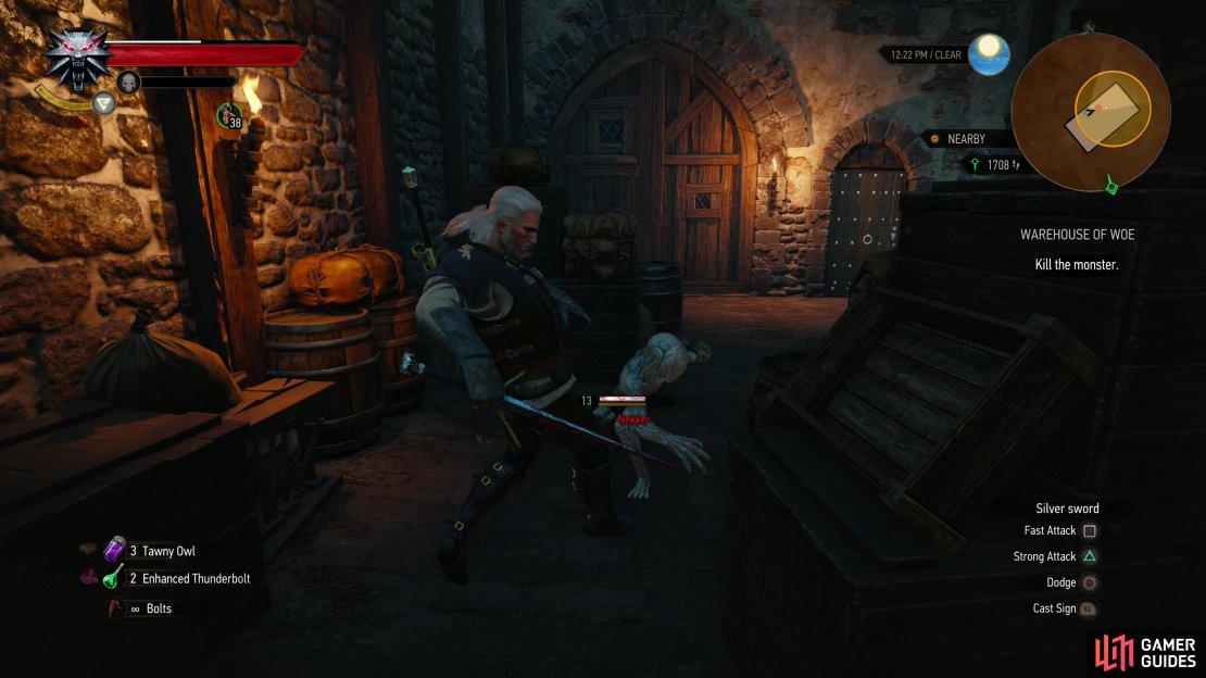 Agree to kill the monster, then enter the warehouse and kill a Nekker,