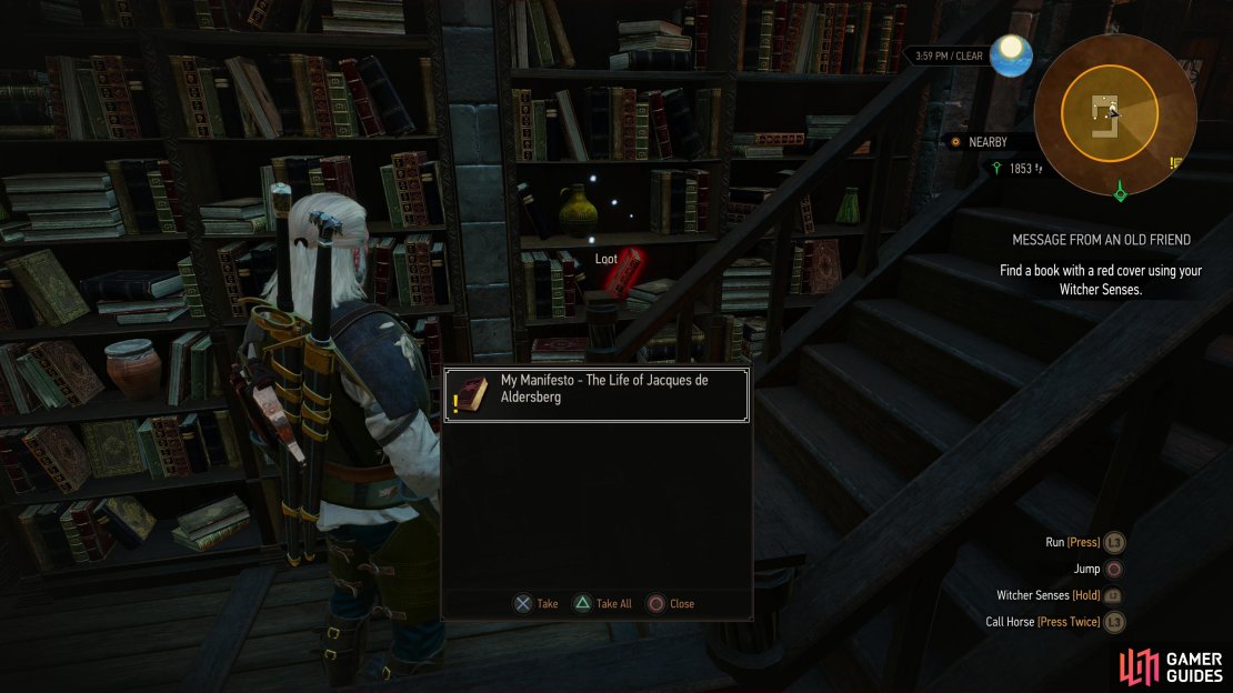 Talk to the owner, then search for the book he told you about. You&rsquo;ll find this book, &ldquo;My Manifesto - The Life of Jacques de Aldersberg&rdquo; on a shelf on the second floor, near some stairs.
