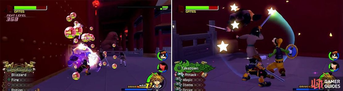 Collect the orbs (left) to increase the Gate meter. When fighting Shan Yu it&rsquo;s a good idea to use Red Rocket and Valor Form when the other enemies appear too (right).