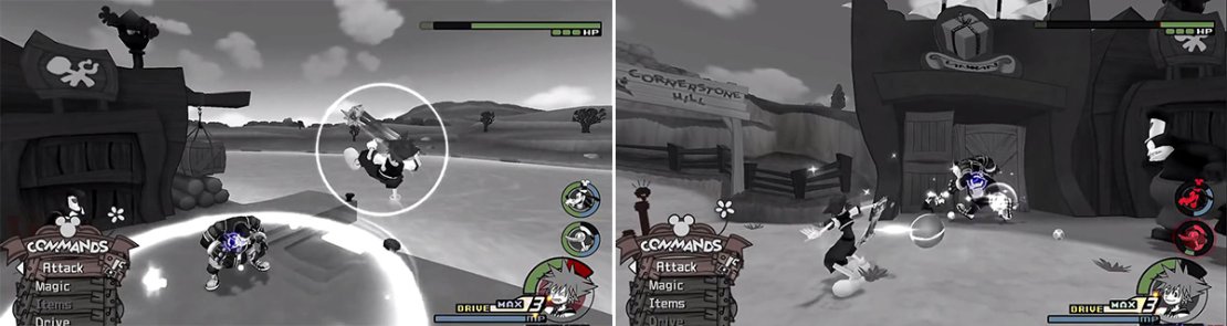 Pete&rsquo;s attacks are similar to the other fights in that he stomps the ground (left). When he rolls the ball, you can knock it back with the Keyblade (right) to damage him.