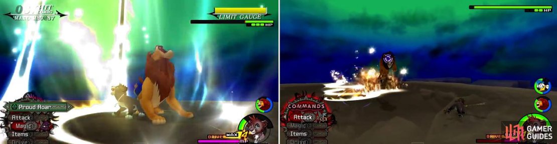 Use Limit Breaks regularly when you get a chance (left). You will need to use Dash a lot in this fight to avoid Scar&rsquo;s elemental attacks (right).