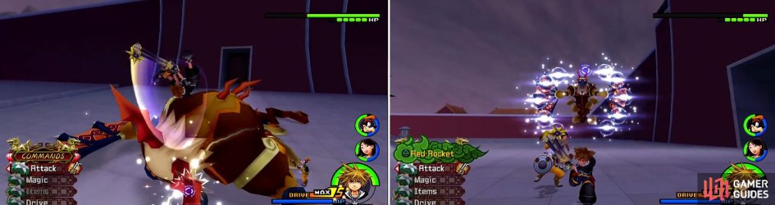 Damage the horns on Storm Rider&rsquo;s head (left) to whittle away the HP. Watch out for Thunder Wings (right) and make sure to guard against it.