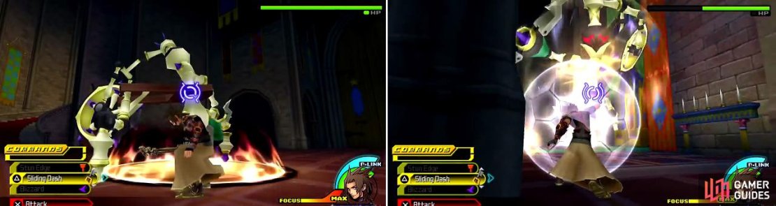 You will need to dodge Wheel Master&rsquo;s attacks (left) as it has some strong ones. With little HP left, it goes into a frenzy (right) so you will need to guard against that.