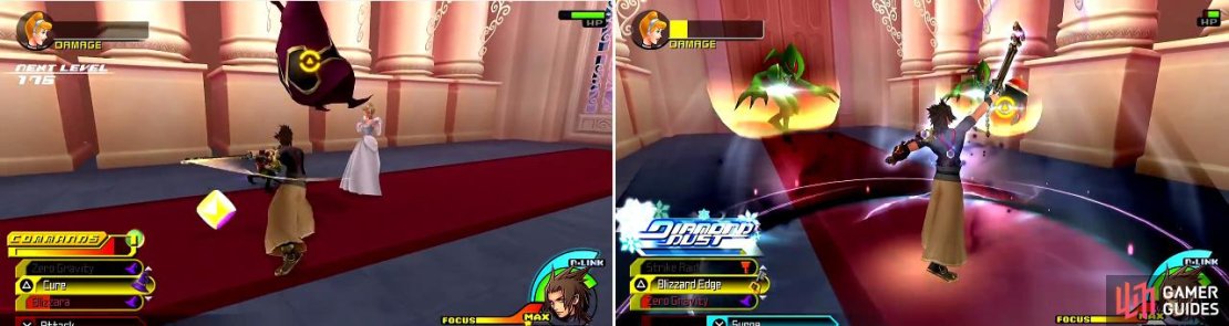 The enemies can sneak in and hit Cinderella if you aren&rsquo;t careful (left). As you progress further towards the ballroom, the enemies get harder (right).