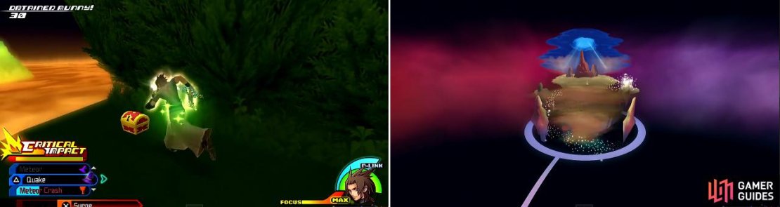 Collect the couple of chests here (left). After returning to the World Map, head for this structure (right) marked &ldquo;???&rdquo;.