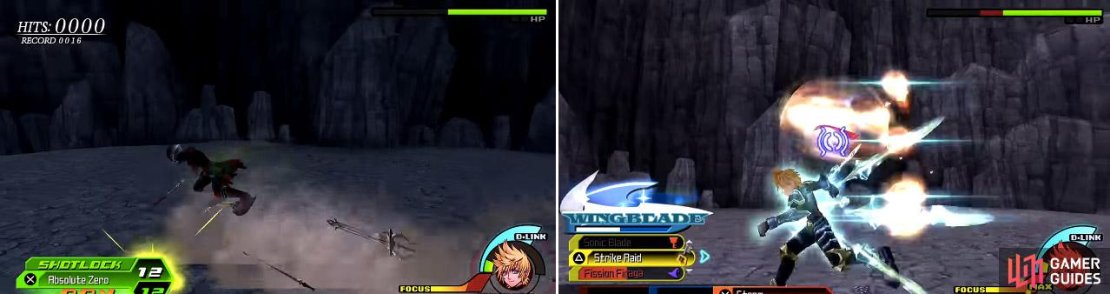 Keyblade surfing (left) is one of Vanitas&rsquo; new tricks as is shooting out fireballs (right). These are in addition to his attacks from the previous fight.