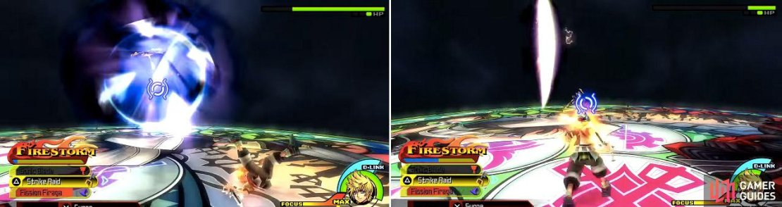 Vanitas rushes at you constantly (left) but you can dodge the attacks if you&rsquo;re fast enough. He also uses his sword to create a ton of energy (right) in various forms.