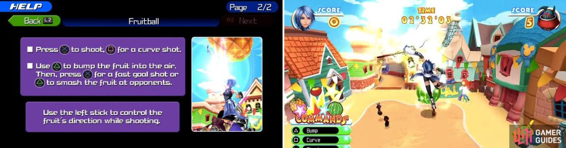 The objective is to shoot the fruit into the opponent&rsquo;s goal (right). You can jump up high and blast it in, but you also must make sure you defend your own goal.