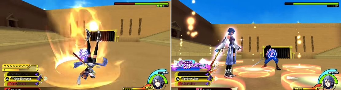 The first move Zack will do is a leaping sword attack (left) so make sure you&rsquo;re ready. If you have Seeker Mines (right) you can set them underneath Zack for massive damage and they also stun him in place.