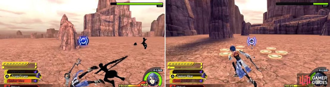 Aqua&rsquo;s cartwheel is especially good for dodging the incessant attacks (left). Seeker Mine (right) can also be an excellent way of getting some damage considering the difficulty in trying to attack him.