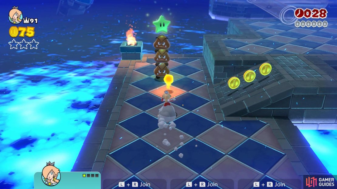 The first Green Star is on top of a Goomba Tower at the start