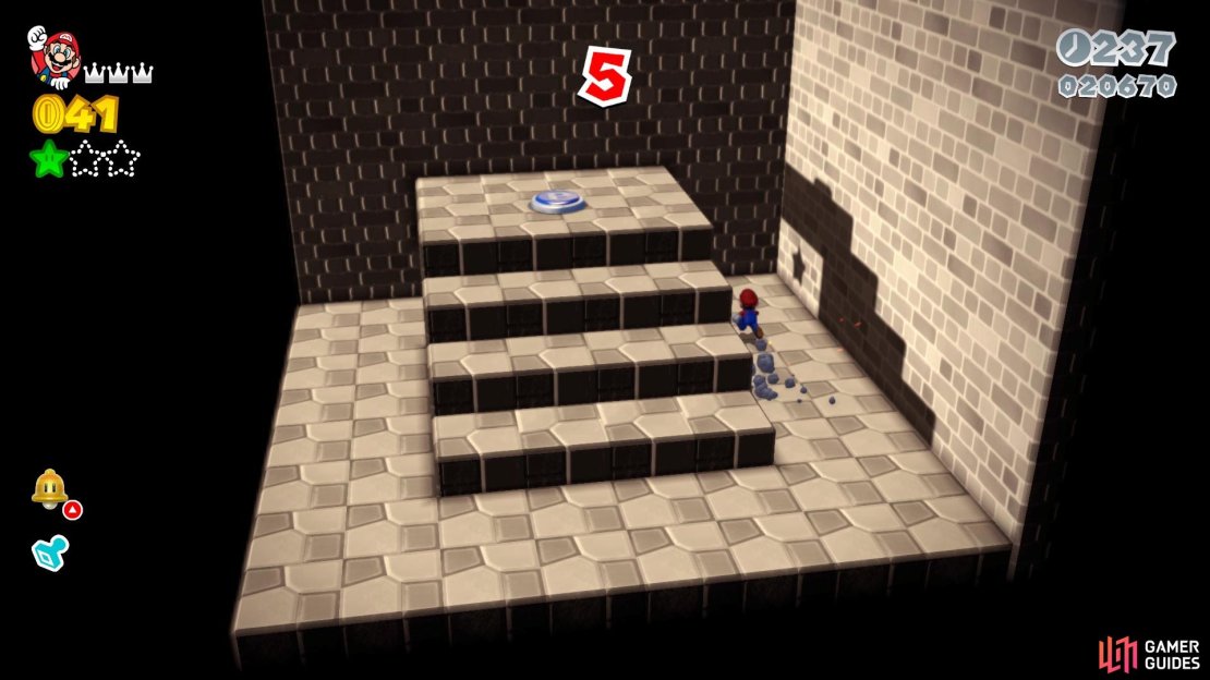 Hit the P-Switch then go under the stairs to find the second Green Star