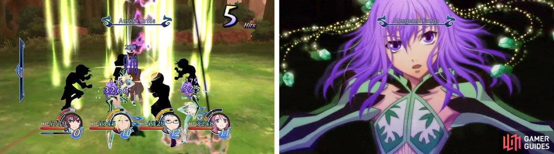 Use Asbel&rsquo;s Aurora Lotus to avoid damage while dealing AOE damage to any of the Little Queens in the vicinity (left). Just make sure to avoid her Mystic Arte, Purification (right).