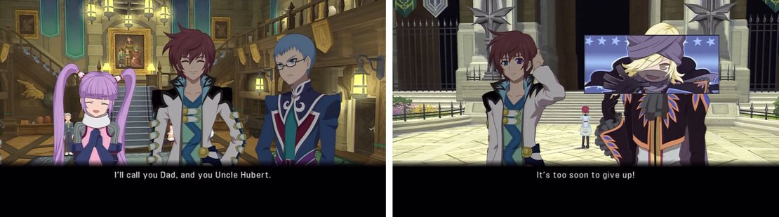 In Lhant you&rsquo;ll get a discussion about Asbel&rsquo;s mother becoming a grandmother (left) and then in Barona you&rsquo;ll see the first of many skits with the Mask of Barona (right).
