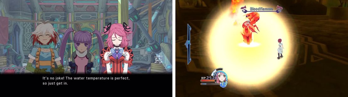 After a conversation about bathing you&rsquo;ll end up in a fight with Pascal (left). Cheria&rsquo;s ranged daggers should allow you to break Pascal&rsquo;s artes and avoid damaging spells (right).