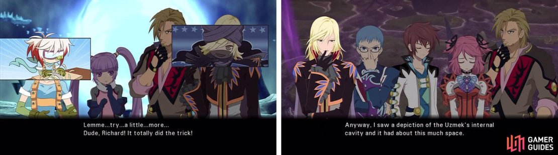 Finally head to Ghardia Shaft for the last scene with the Mask of Barona (left) and then don&rsquo;t forget to stop by the belly of the Rockgagong (right).