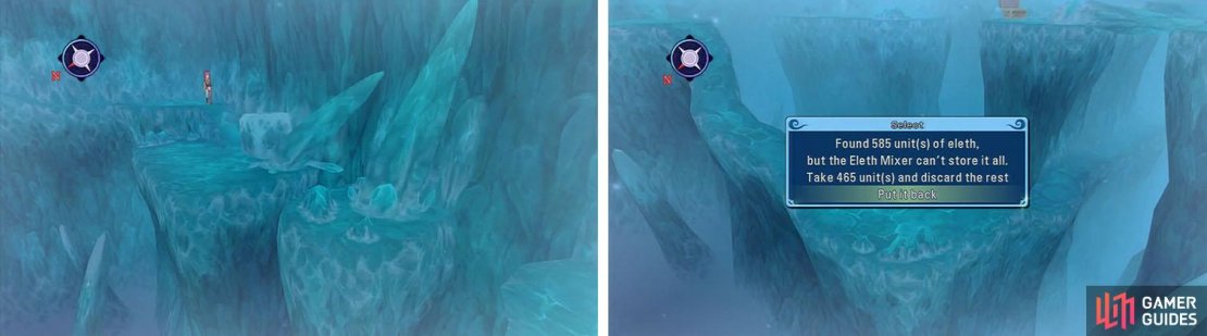 Don&rsquo;t forget the dual icicles in the southeast that lead to a Master Tonic C (left). You can then head toward the exit and get the chest with some Eleth (right).