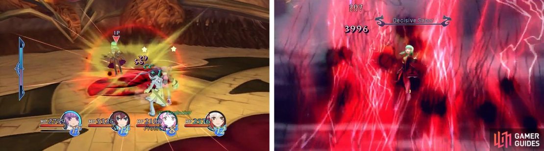 Avoid fighting Emeraude at close range or you&rsquo;ll just get stunned and pushed back (left). Also, if you get hit by her Mystic Arte prepare a Life Bottle (right).