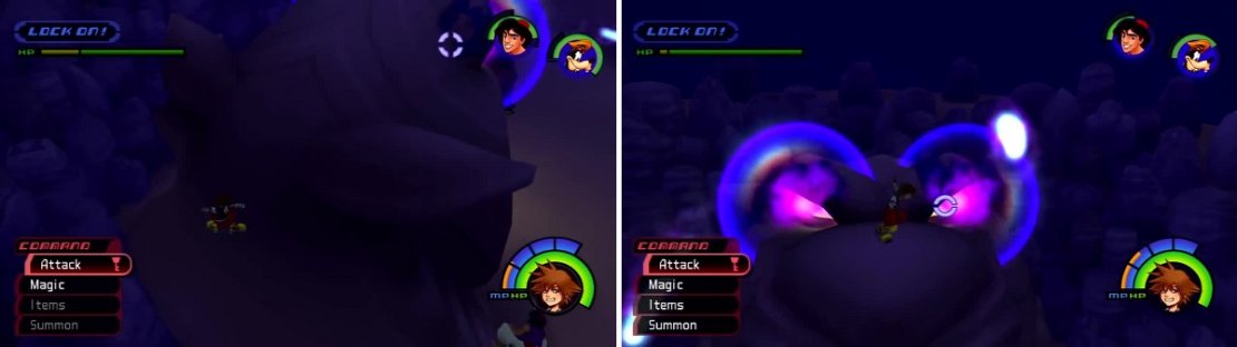Walk around the the back to climb onto the head (left). From here you can attack it&rsquo;s eyes while avoiding the eye beams (right).