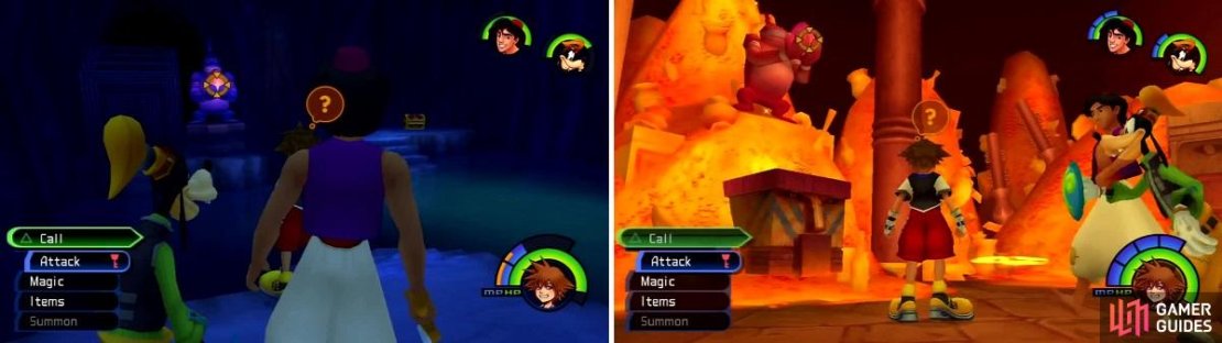 Look to the right of the statue to see where that boulder ended up (left). Use &ldquo;Call&rdquo; on the Statue to the right (right) when facing the Lamp Chamber to get a chest.