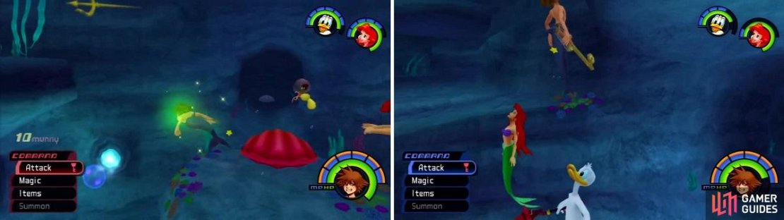 From the red shell you can spot another shell (left) not far away. Don&rsquo;t forget to check the underside of the cliff on Sora&rsquo;s right (right) here.