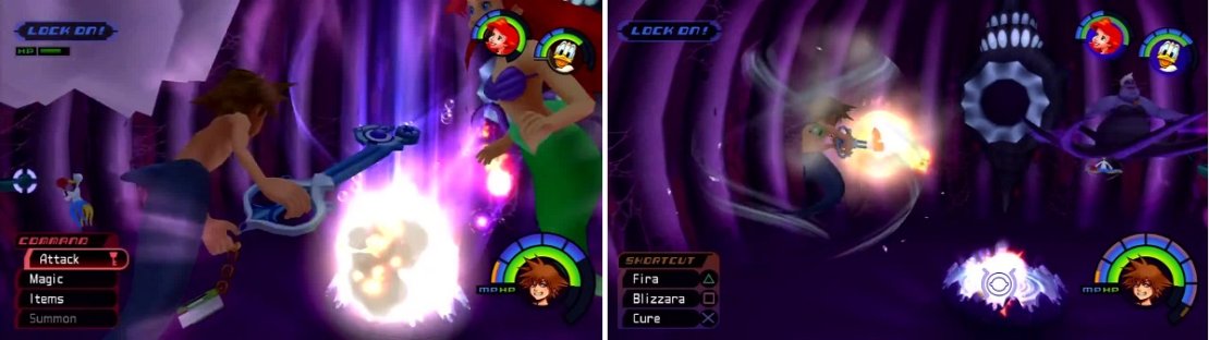 Shoot Ursula&rsquo;s cauldron relentlessly until it backfires (left). Watch out for Ursula as she spins around like a maniac (right) while you are attacking the cauldron.