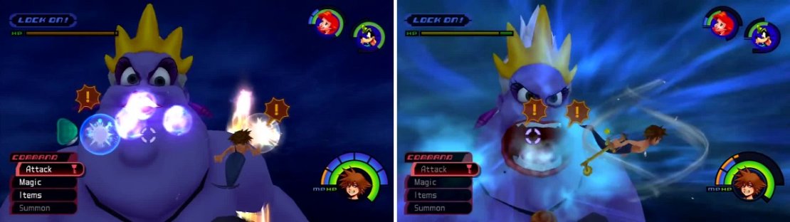Ursula shoots bubbles from her mouth (left); you don&rsquo;t want to pop them. She will open her mouth (right) and vacuum everything within range toward her.