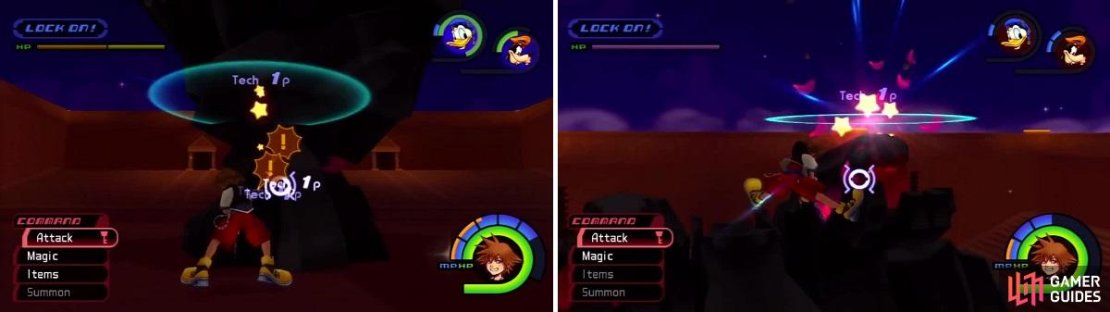 Sora hacks away at the Rock Titan&rsquo;s foot (left) until it falls over. Once it sits, Sora goes for the head (right).