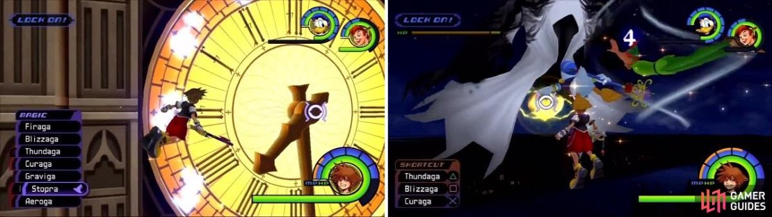 Cast Stop on the clock to halt the Doom countdown (left). Phantom&rsquo;s orb is yellow (right) so use Thunder to inflict damage.