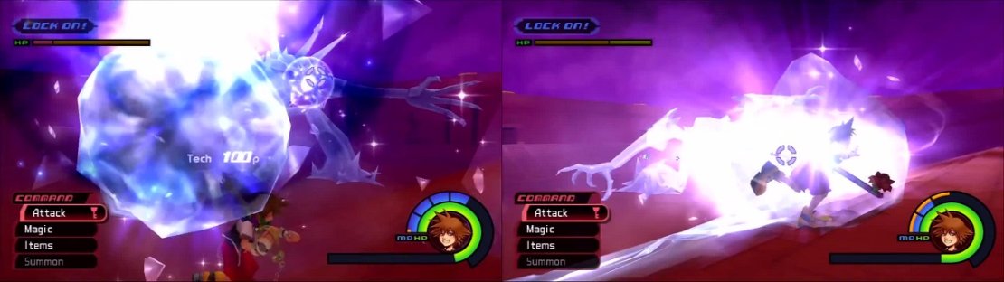 Ice boulders appear above Sora&rsquo;s head (left). Ice Titan uses its icy breath the freeze Sora in place (right).