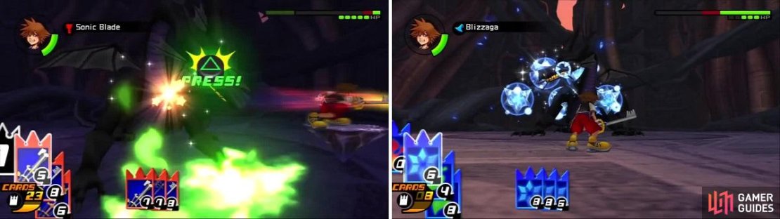 The Gimmick card gives Sora a platform to zoom around on for easy hits on the Dragon (left). Maleficent isn&rsquo;t able to use any cards as Sora keeps breaking her attacks (right).