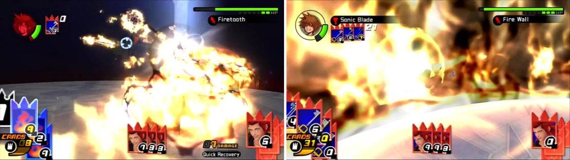 Axel unleashes his Firetooth attack that brings firey pain to Sora (left). Sora desperately dodge rolls away from Axel&rsquo;s Firewall (right).