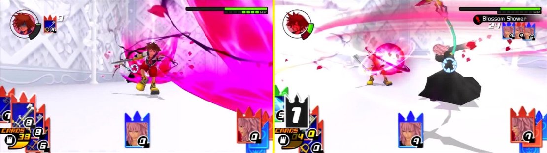 Sora attempts to evade vortices of blossoms (left), but fails to escape Marluxia&rsquo;s Blossom Shower (right).