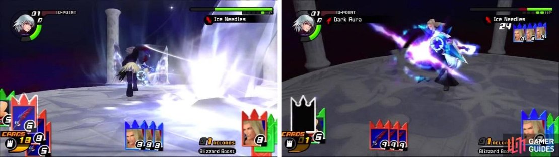 Vexen unleashes Ice Needles (left) after being pummeled with Riku&rsquo;s Dark Aura (right).